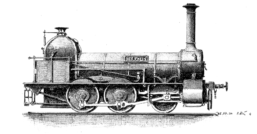 historische zeichnung der verschollen Dampflokomotive Rhein